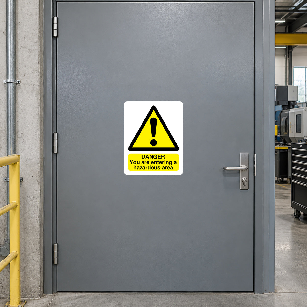 Hazardous area warning sticker with yellow triangle exclamation and DANGER text