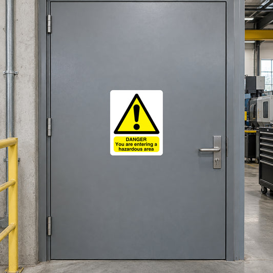 Hazardous area warning sticker with yellow triangle exclamation and DANGER text