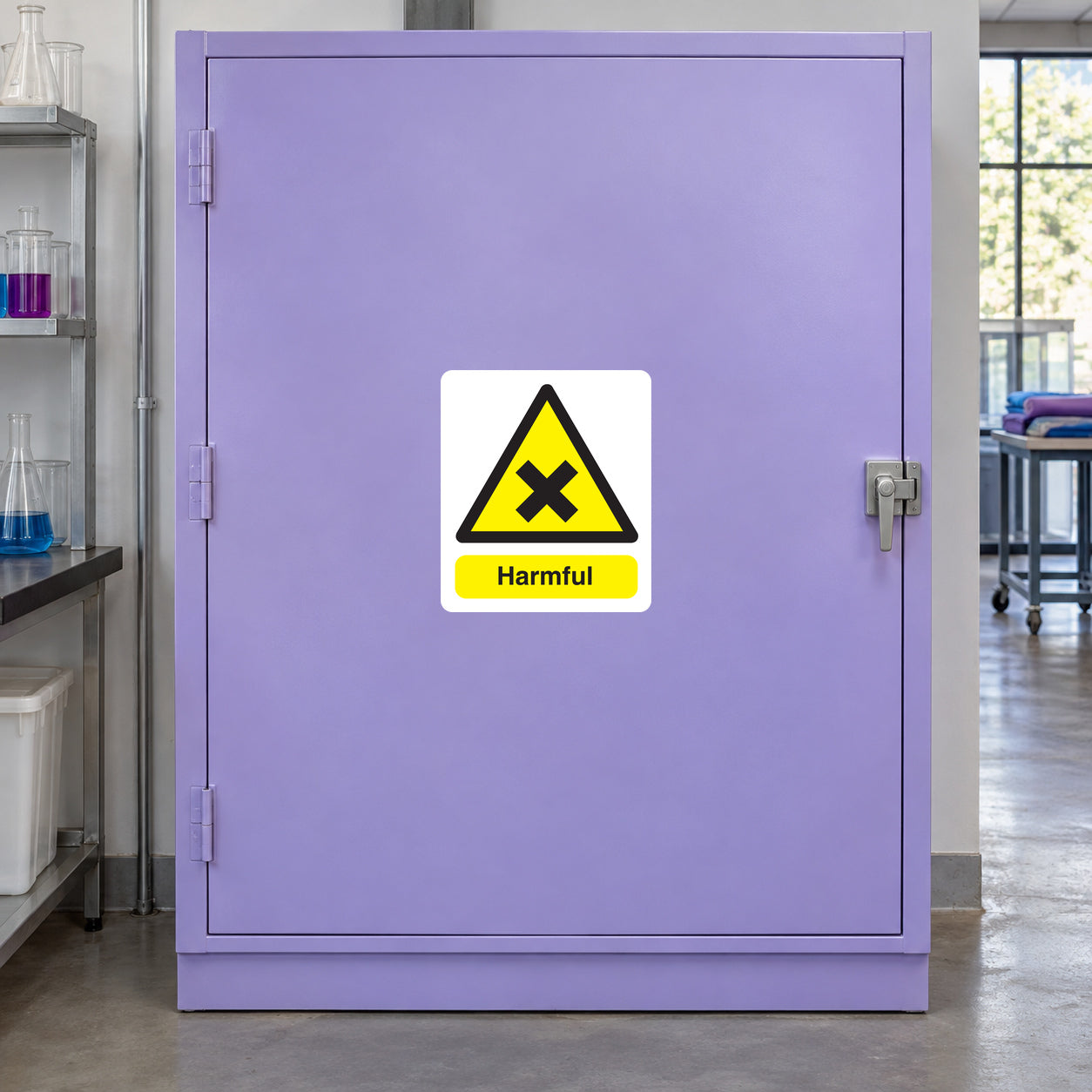 Caution harmful sticker with yellow hazard symbol and "Harmful" text