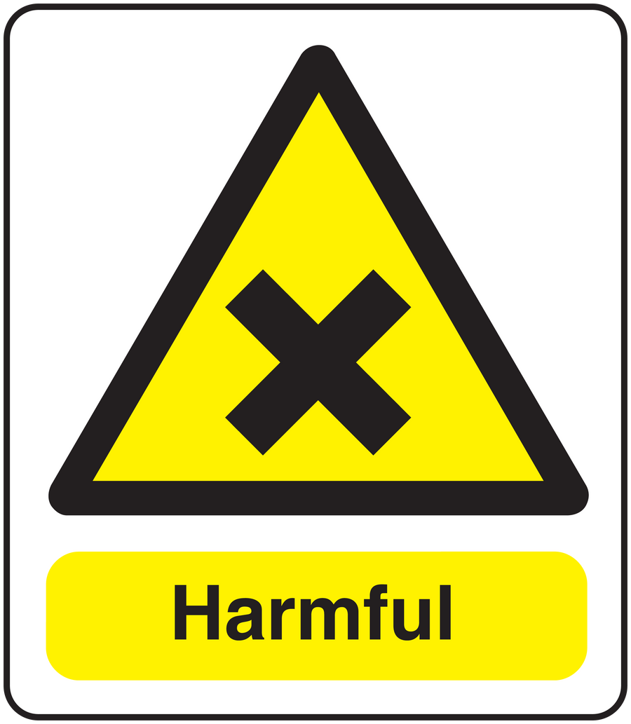 Hazard warning sticker with yellow triangle symbol and “Harmful” text