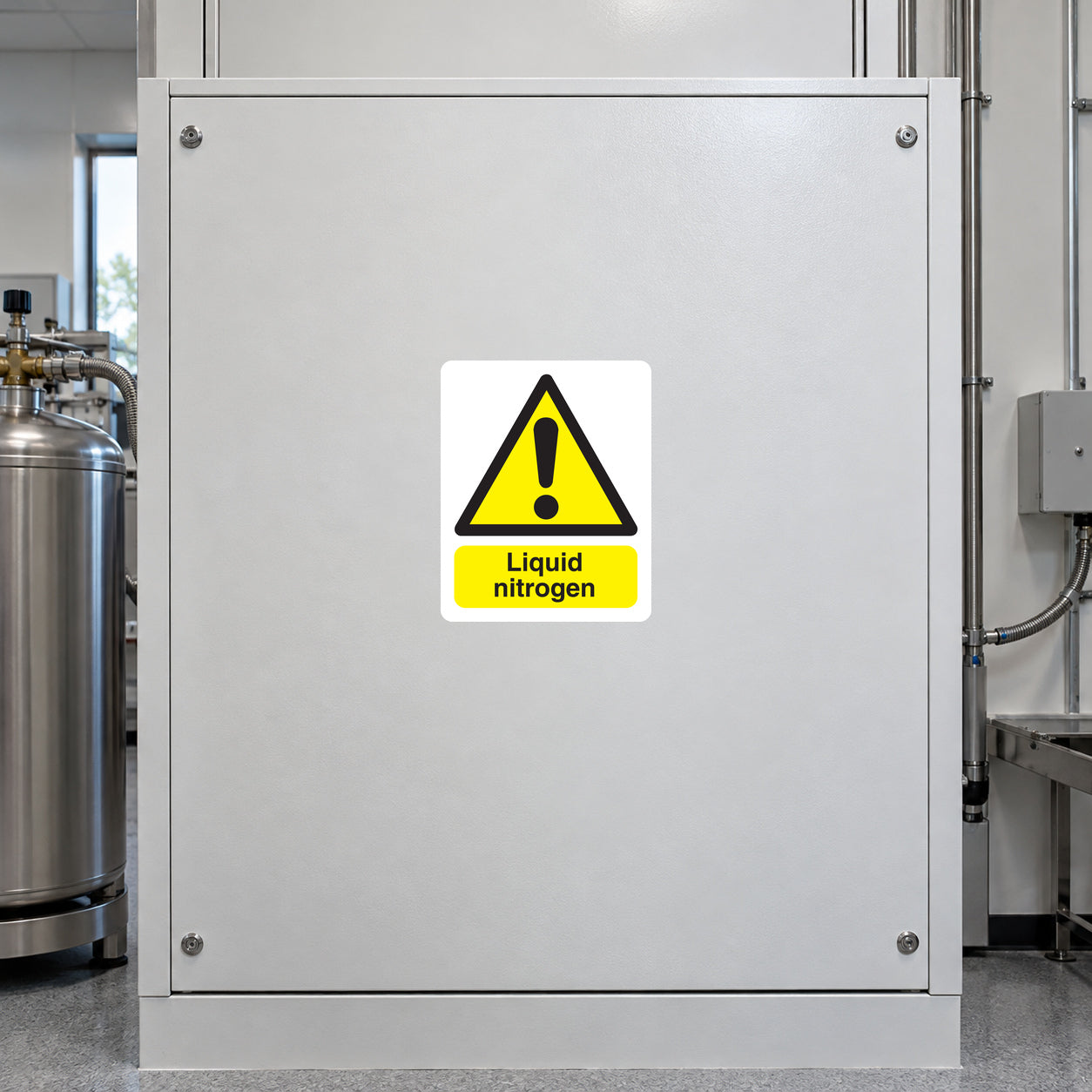 Caution Liquid Nitrogen Sticker applied in Flat broad white side panel of a closed cryogenic storage equipment enclosure in a biomedical laboratory, one uninterrupted face central, stainless dewar and pipework only at far edges, no frost cloud or people.