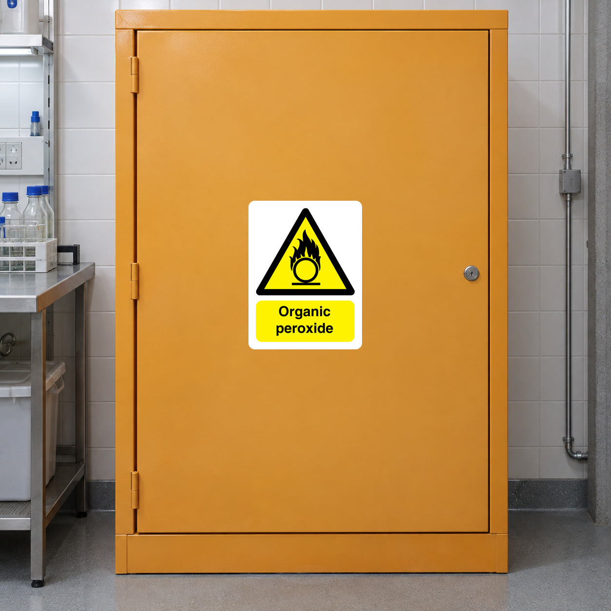 White rectangular hazard sticker with yellow warning triangle and Organic peroxide text