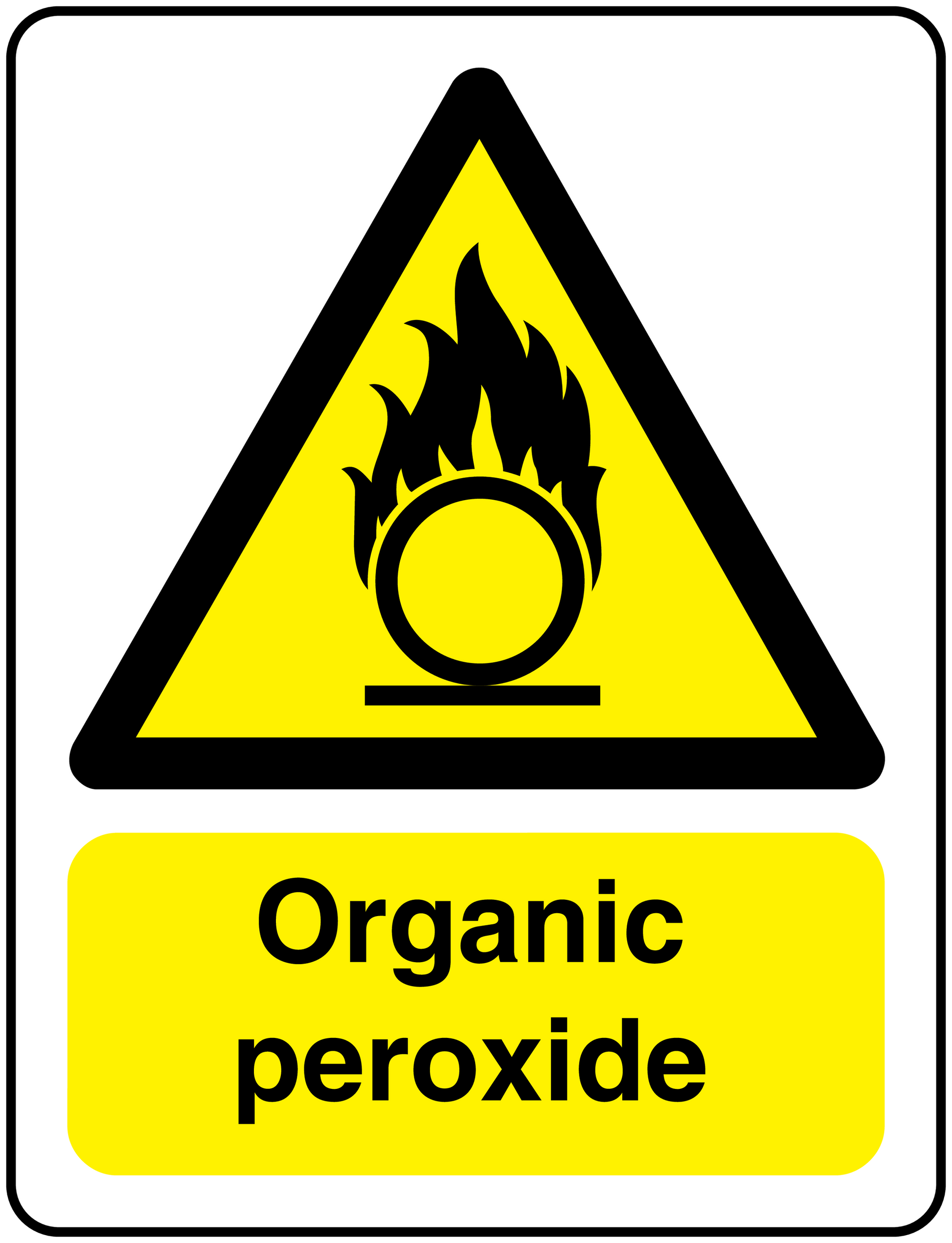 Hazard sticker with flame icon and 'Organic peroxide' label in a yellow triangle