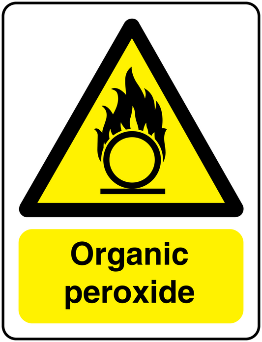 Hazard sticker with flame icon and 'Organic peroxide' label in a yellow triangle
