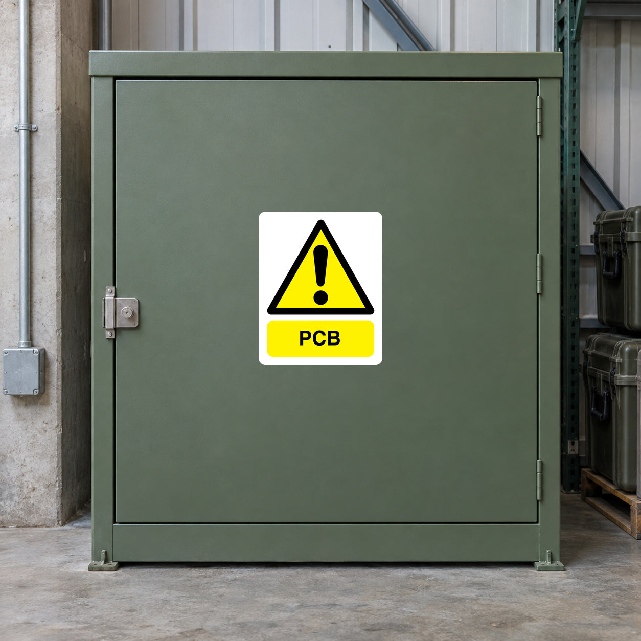 Yellow hazard triangle sticker with exclamation mark and PCB text