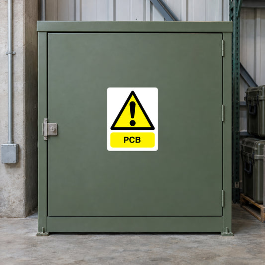 Yellow hazard triangle sticker with exclamation mark and PCB text