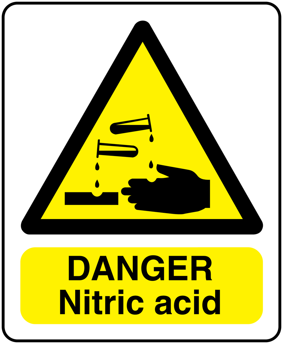 Danger nitric acid hazard sticker with yellow triangle and 'DANGER Nitric acid' text