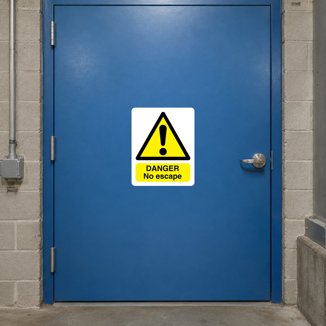 Square warning sticker: yellow hazard icon with 'DANGER No escape'