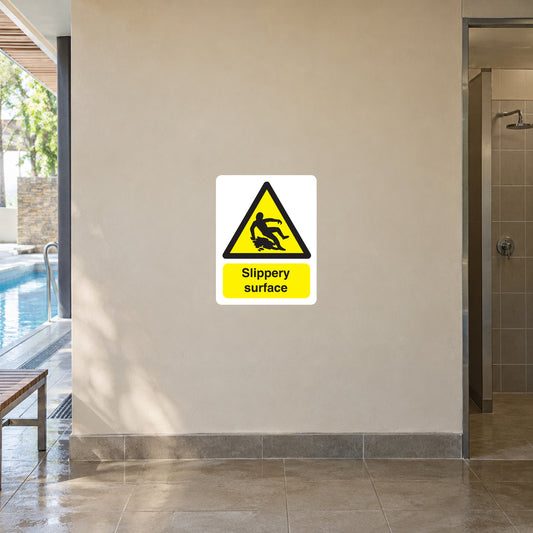 Slippery surface warning sticker, yellow triangle with icon and text