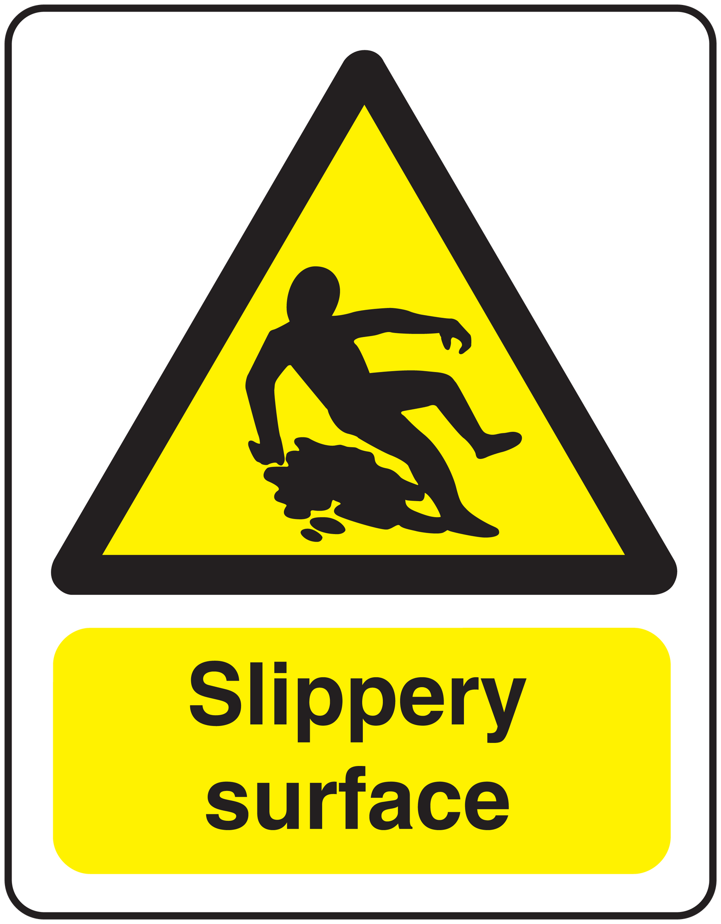 Slippery surface warning sticker with yellow triangle and black walking person icon