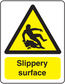 Slippery surface warning sticker with yellow triangle and black walking person icon