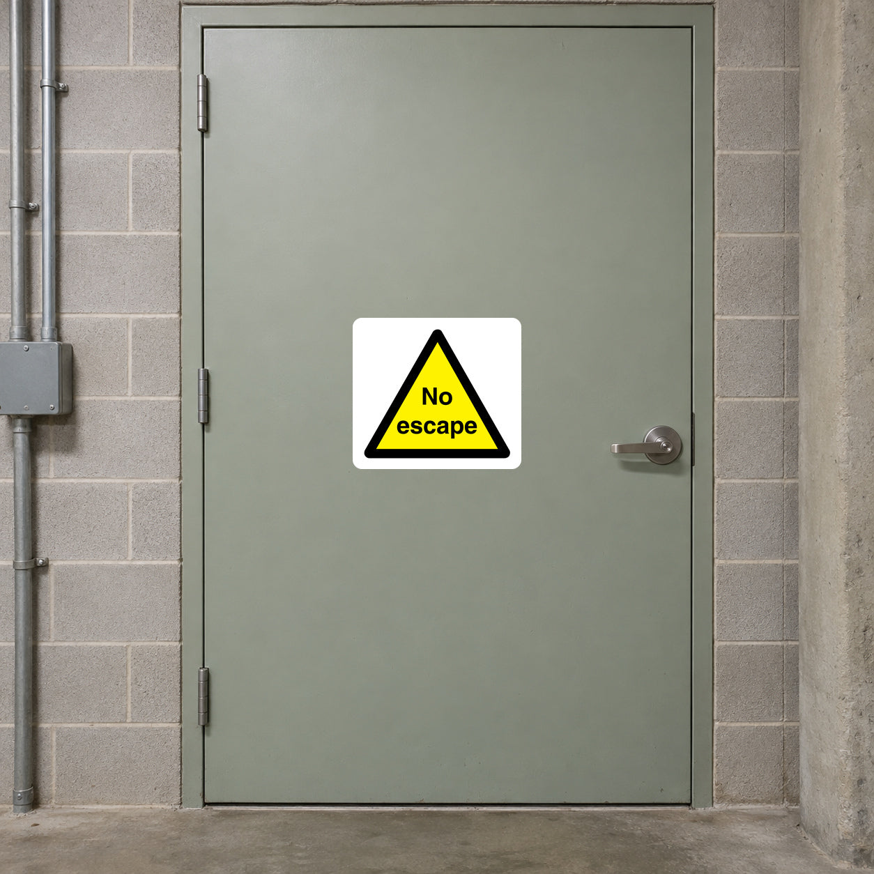 Warning triangle No escape sticker with yellow base and black text