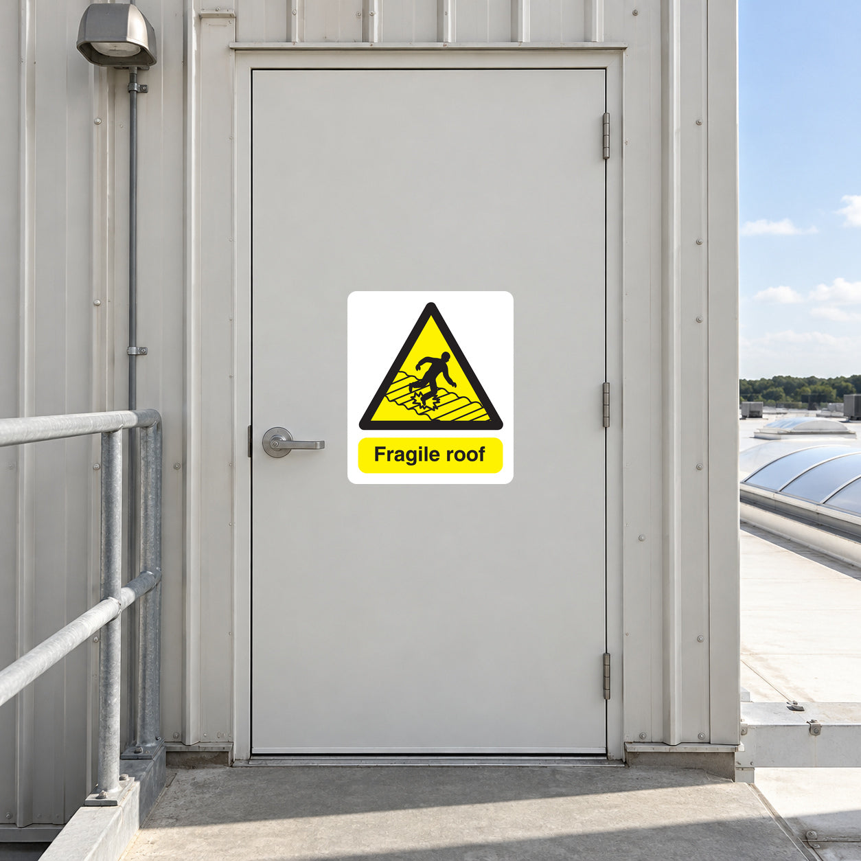 Fragile roof caution sticker with yellow triangle warning symbol and 'Fragile roof' text