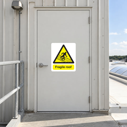 Fragile roof caution sticker with yellow triangle warning symbol and 'Fragile roof' text