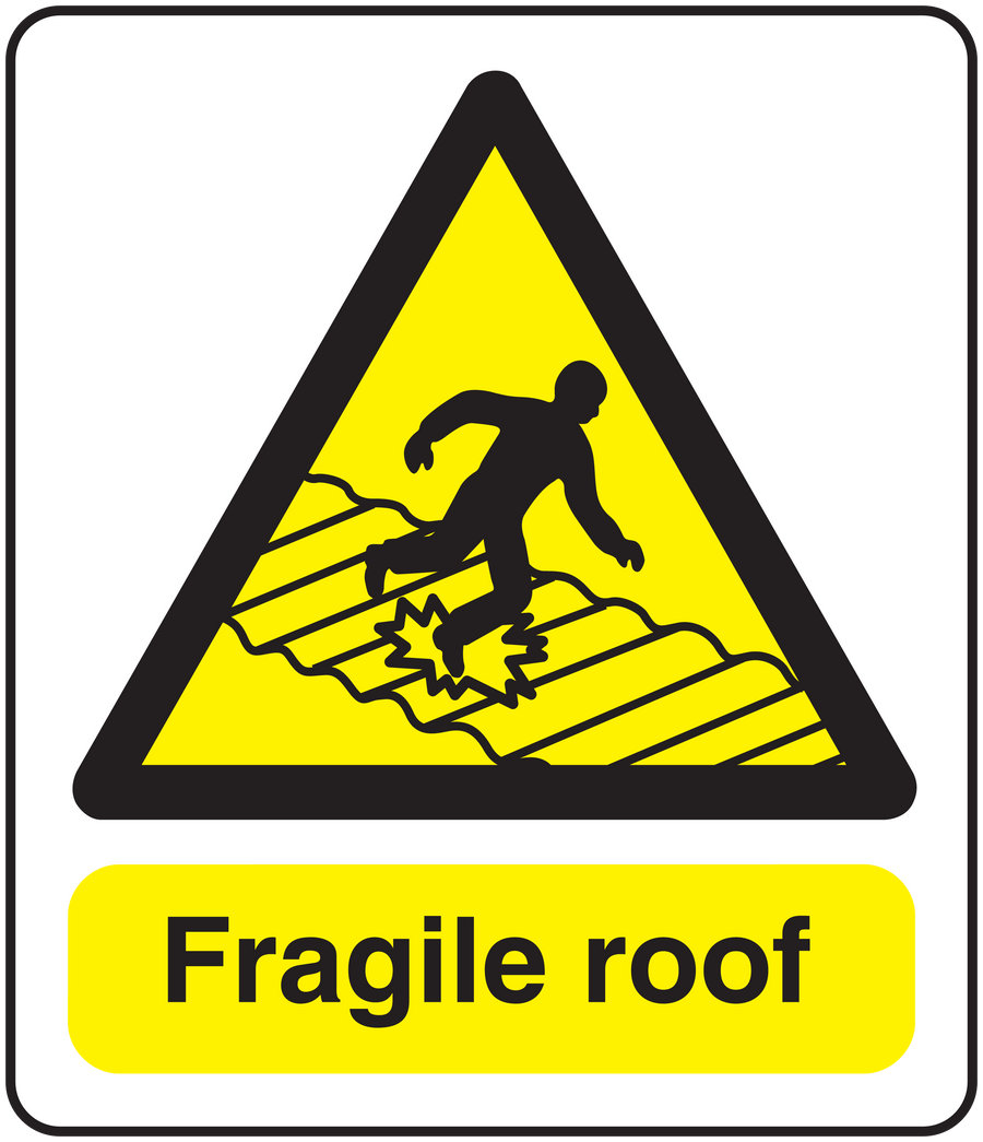Caution fragile roof sticker with yellow warning triangle and Fragile roof text