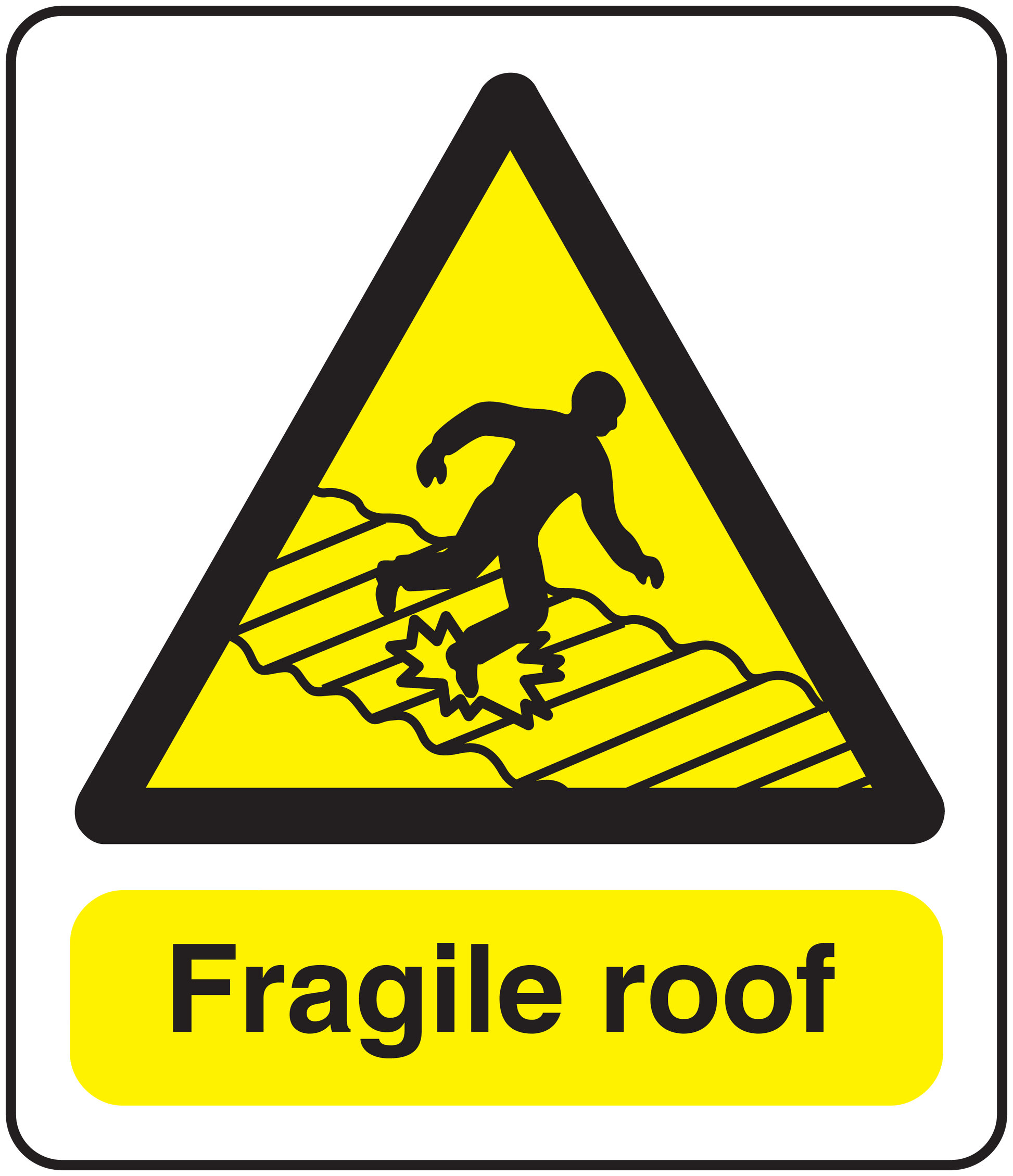 Caution fragile roof sticker with yellow warning triangle and Fragile roof text