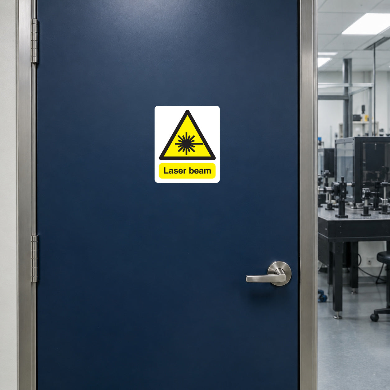 Caution Laser Beam sticker on an optical testing laboratory door