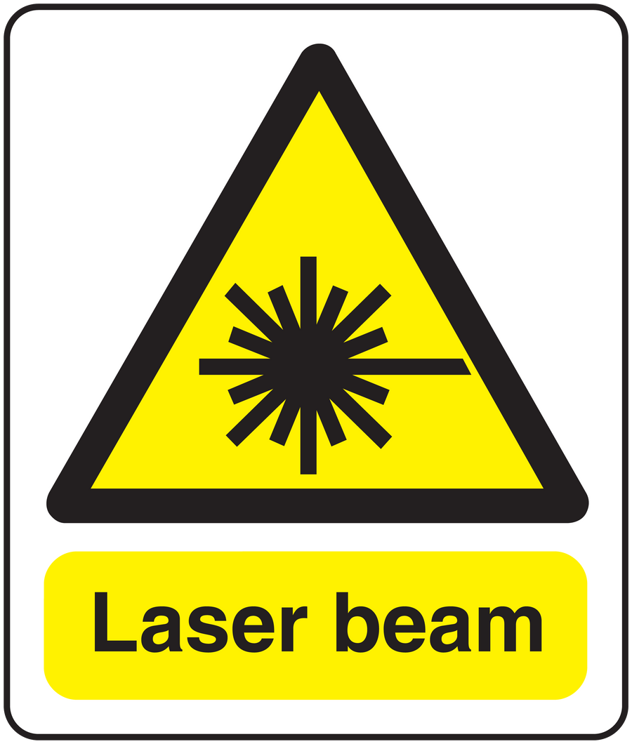 Caution laser beam warning sticker with yellow triangle and "Laser beam" text