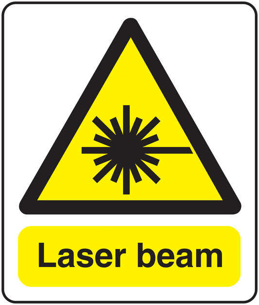 Caution laser beam warning sticker with yellow triangle and "Laser beam" text