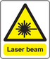 Caution laser beam warning sticker with yellow triangle and "Laser beam" text