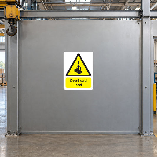 Overhead load caution sticker with yellow warning triangle and “Overhead load” text