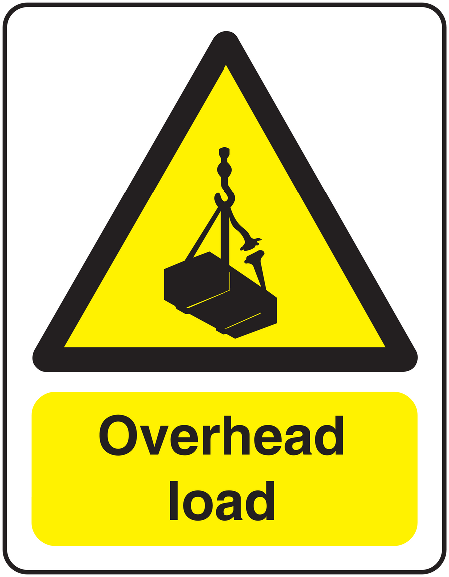 Caution overhead load sticker with yellow triangle icon and bold text "Overhead load"