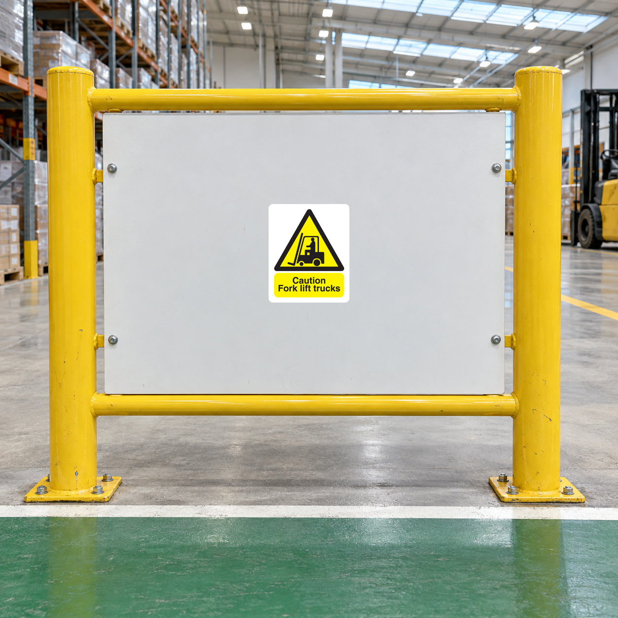 Caution Forklift Trucks sticker on a warehouse pedestrian safety barrier