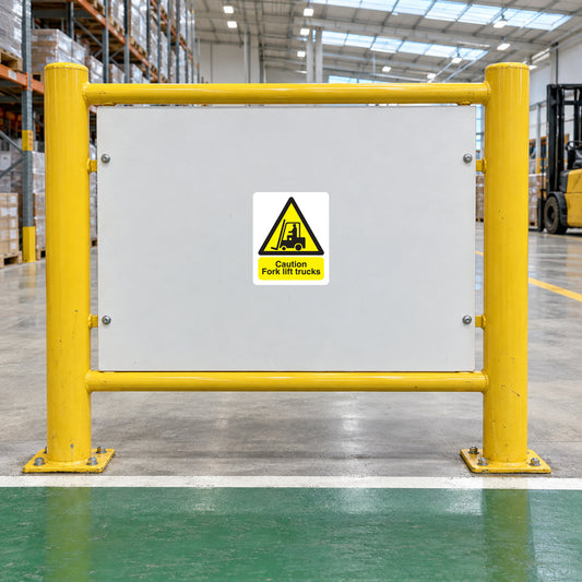 Caution Forklift Trucks sticker on a warehouse pedestrian safety barrier
