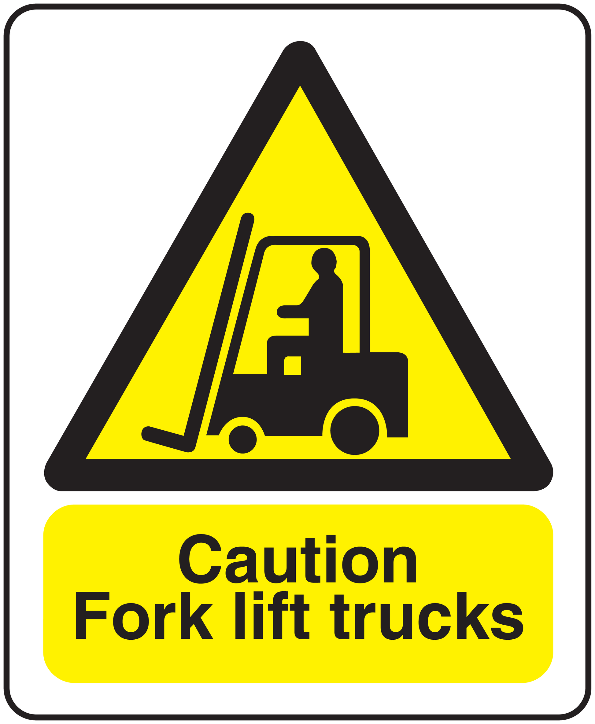 Rectangle caution sticker for fork lift trucks, yellow warning triangle and forklift icon