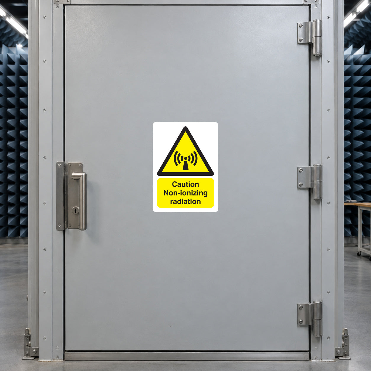 Caution non-ionizing radiation warning sticker with yellow triangle and black text
