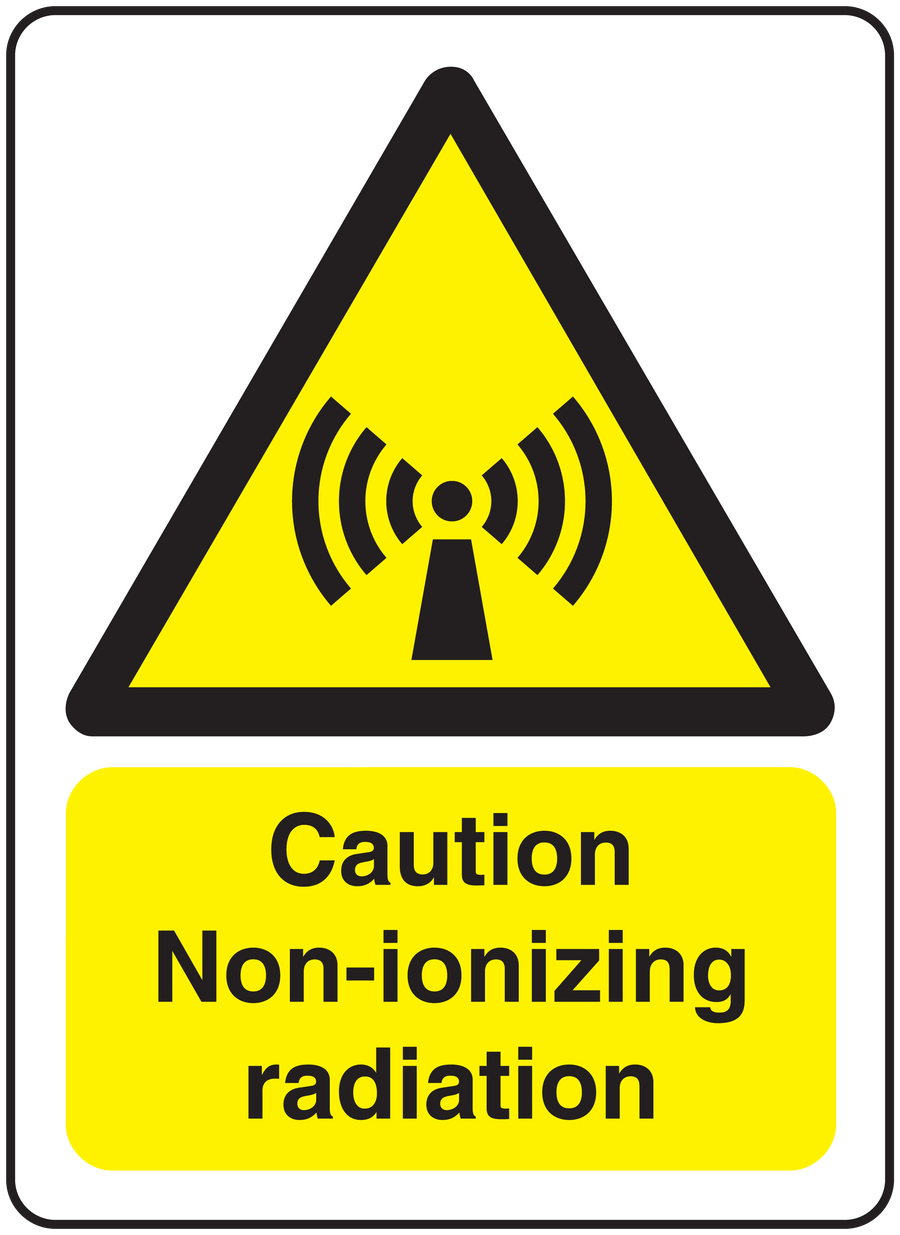 Caution non-ionizing radiation sticker with black warning symbol and yellow text