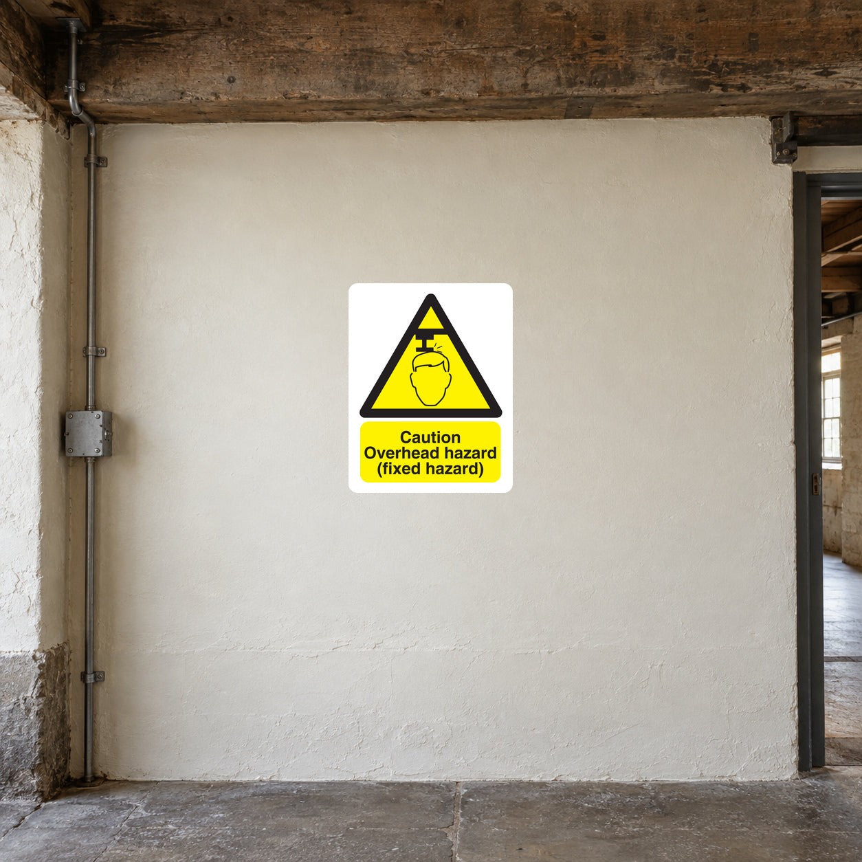 Caution overhead hazard sticker, yellow triangle warning symbol with black text