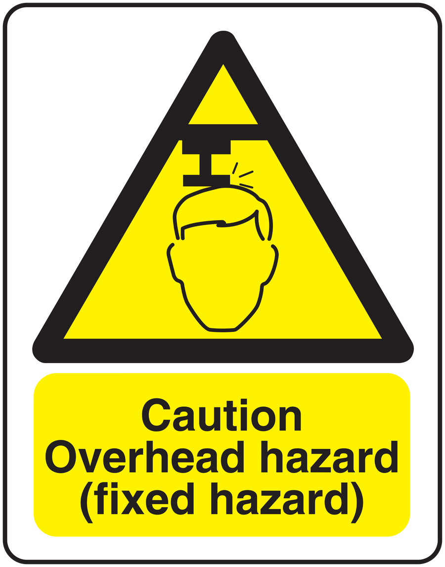 Caution overhead hazard (fixed hazard) sticker with warning triangle and hard-hat icon
