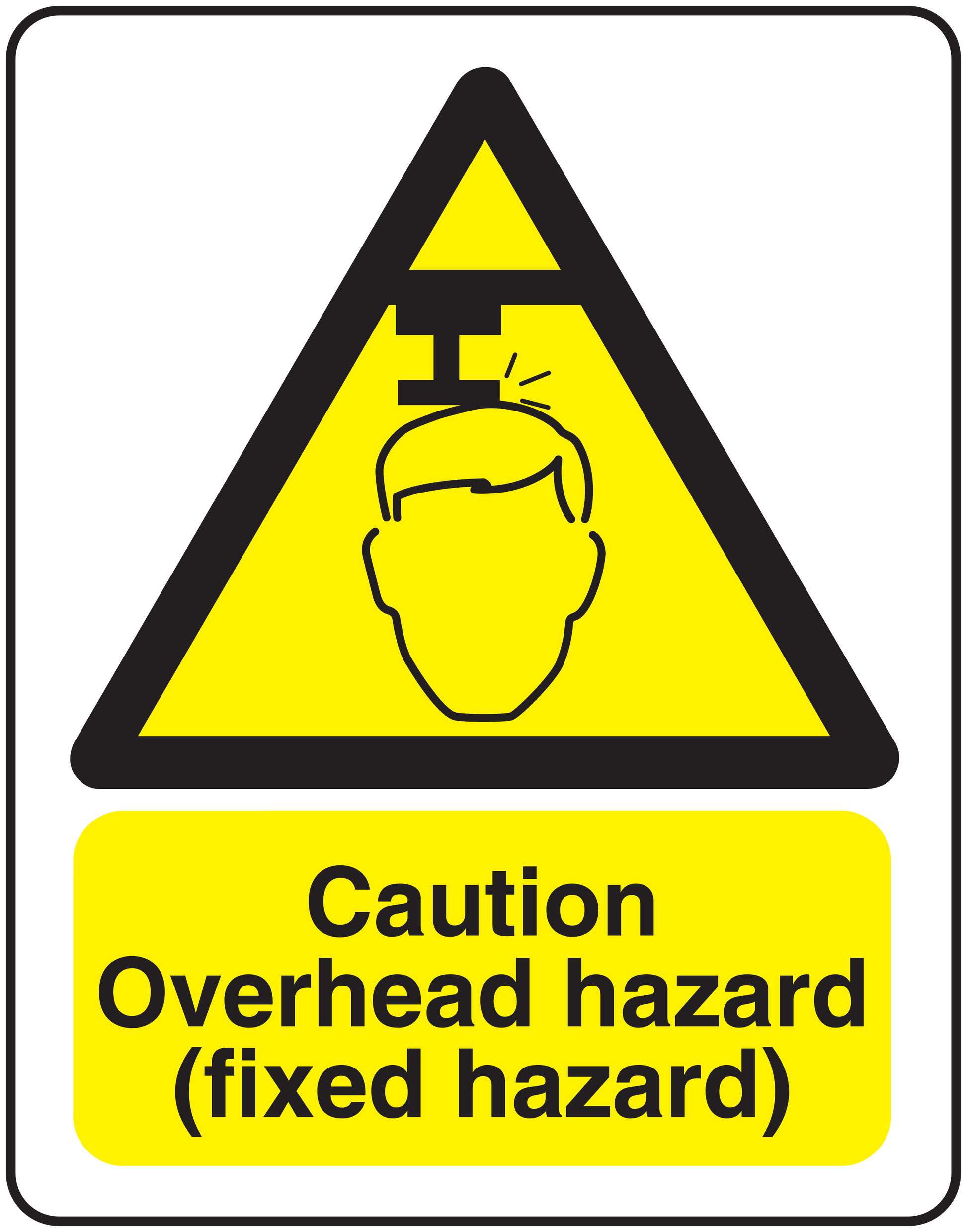 Caution overhead hazard (fixed hazard) sticker with warning triangle and hard-hat icon
