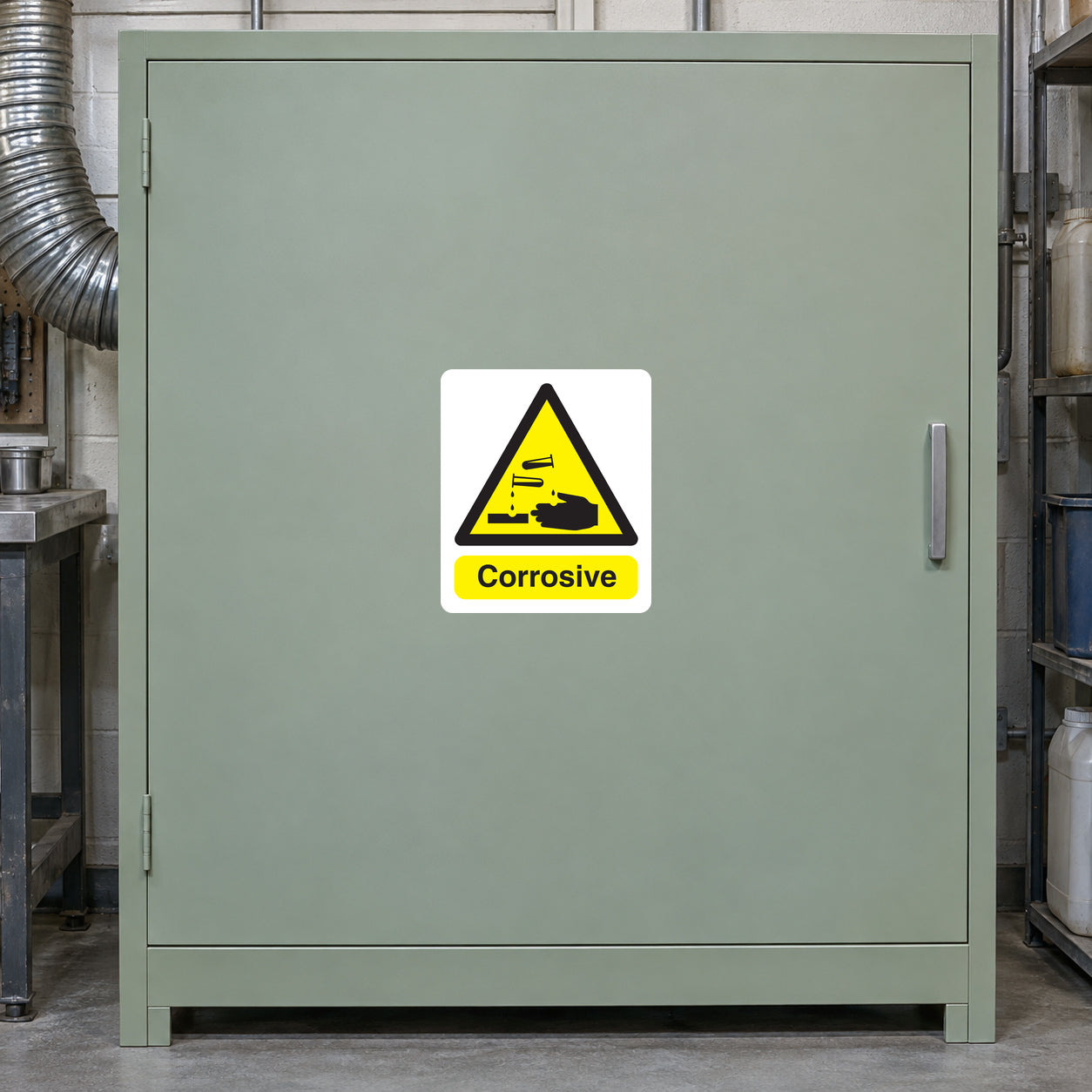 Corrosive caution sticker with yellow warning triangle and "Corrosive" label