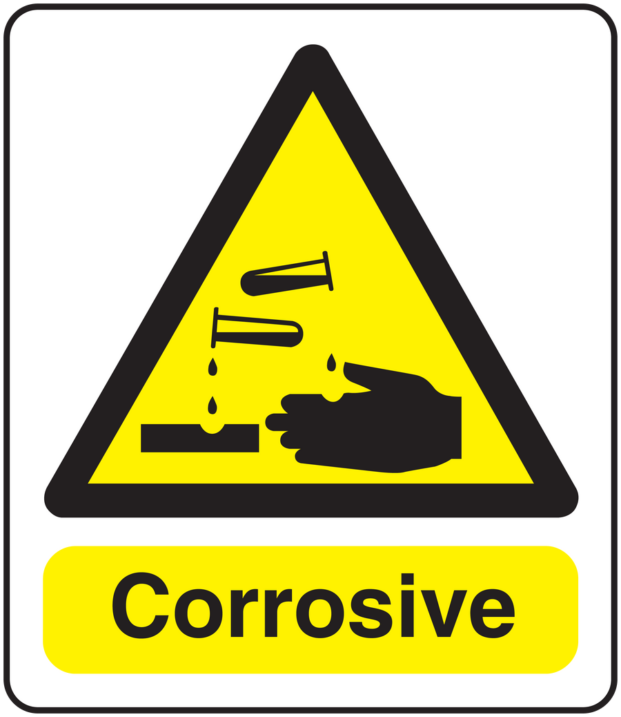 Corrosive warning sticker with hazard triangle and Corrosive text