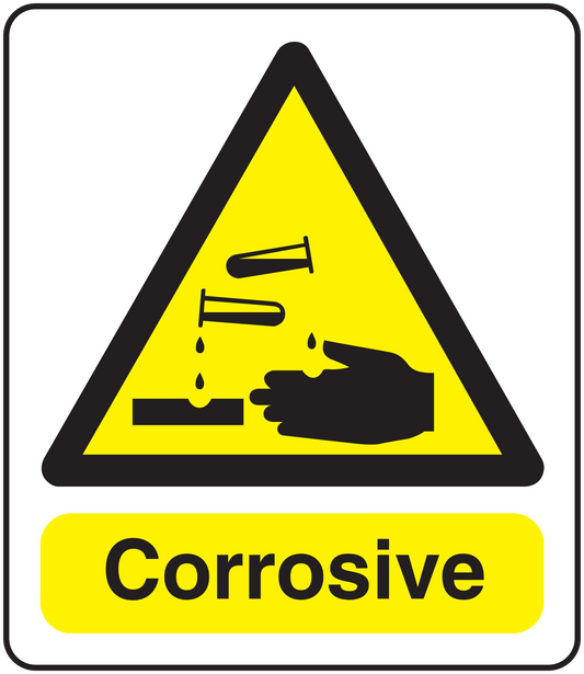 Corrosive warning sticker with hazard triangle and Corrosive text