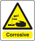 Corrosive warning sticker with hazard triangle and Corrosive text