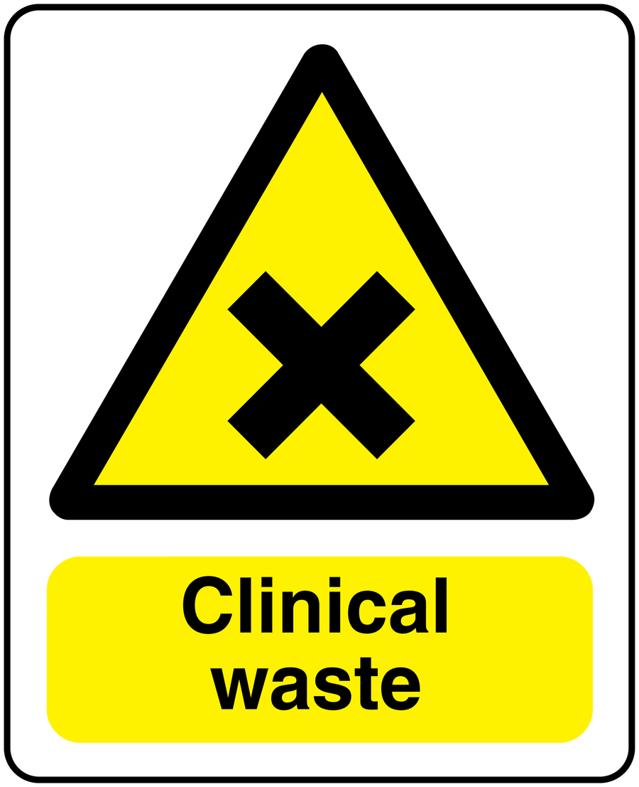 Clinical waste sticker with yellow hazard triangle and Clinical waste text