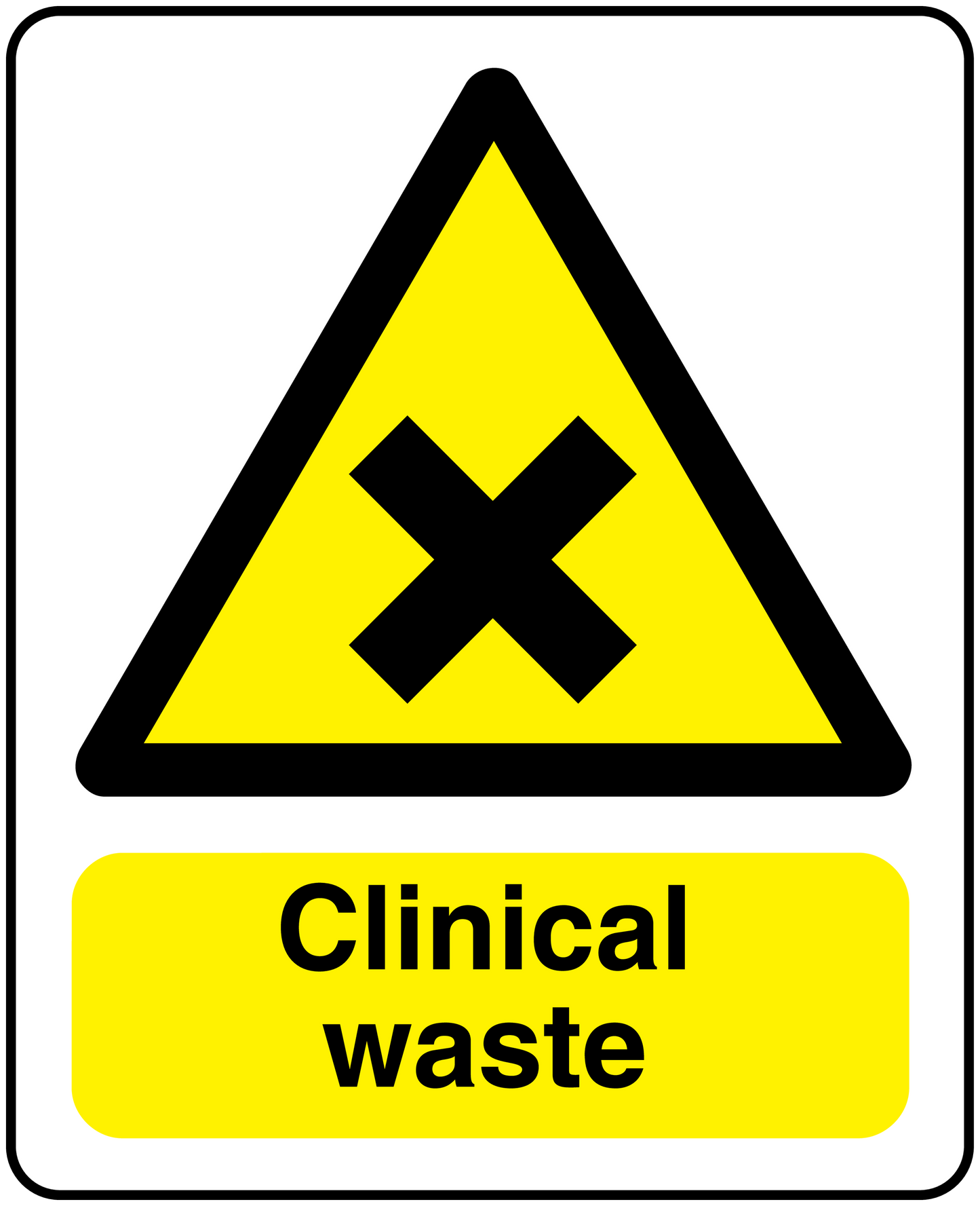 Clinical waste sticker with yellow hazard triangle and Clinical waste text