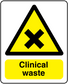 Clinical waste sticker with yellow hazard triangle and Clinical waste text