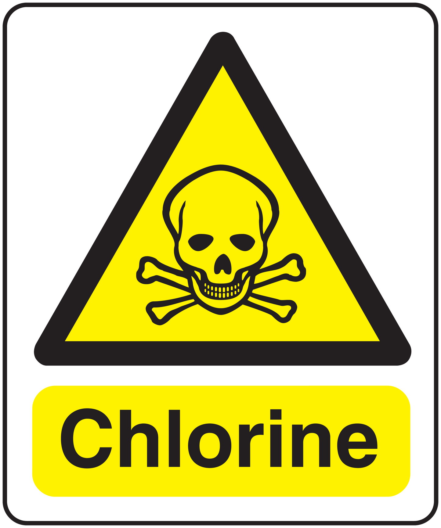 Chlorine caution sticker with skull-and-crossbones warning triangle and 'Chlorine' text
