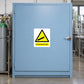 Compressed Gas Sign Rectangle Sticker applied in Closed pale blue compressed-gas cabinet in a beverage laboratory, broad single smooth central door, latch far right, secured cylinder visible only beyond far left.