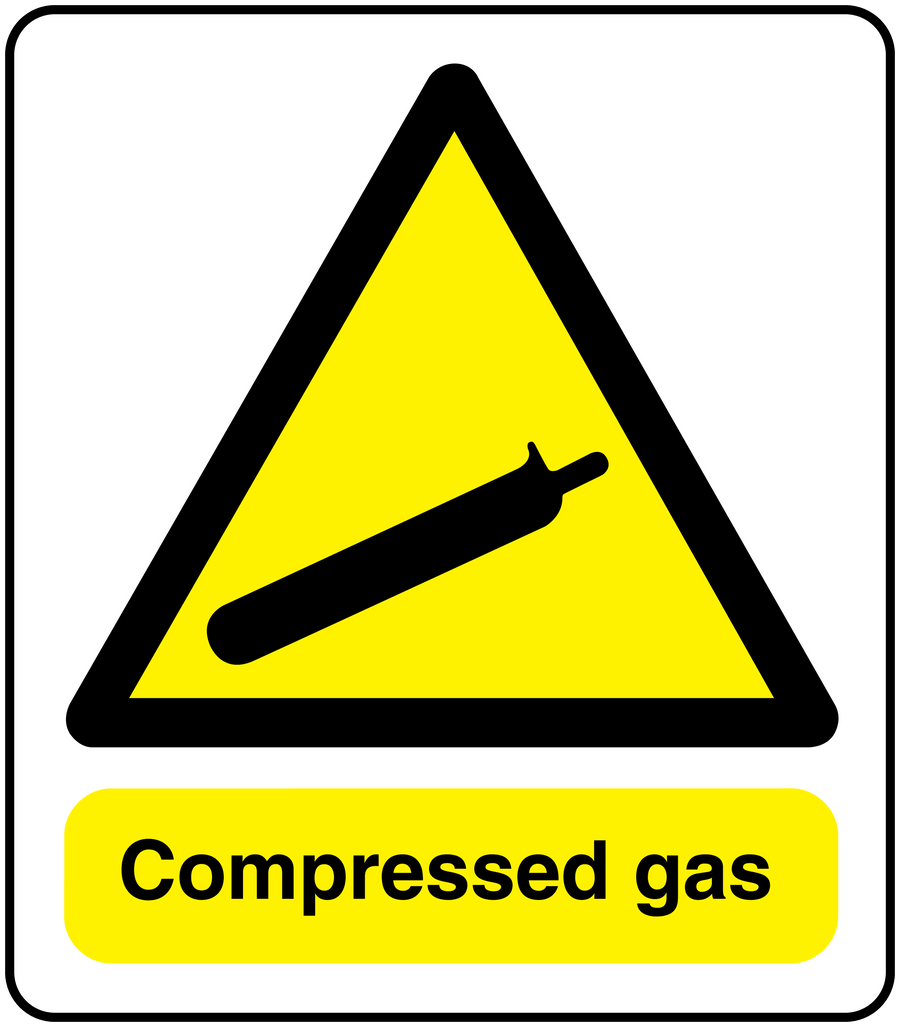 Compressed gas warning sticker, rectangular with yellow triangle icon and black text