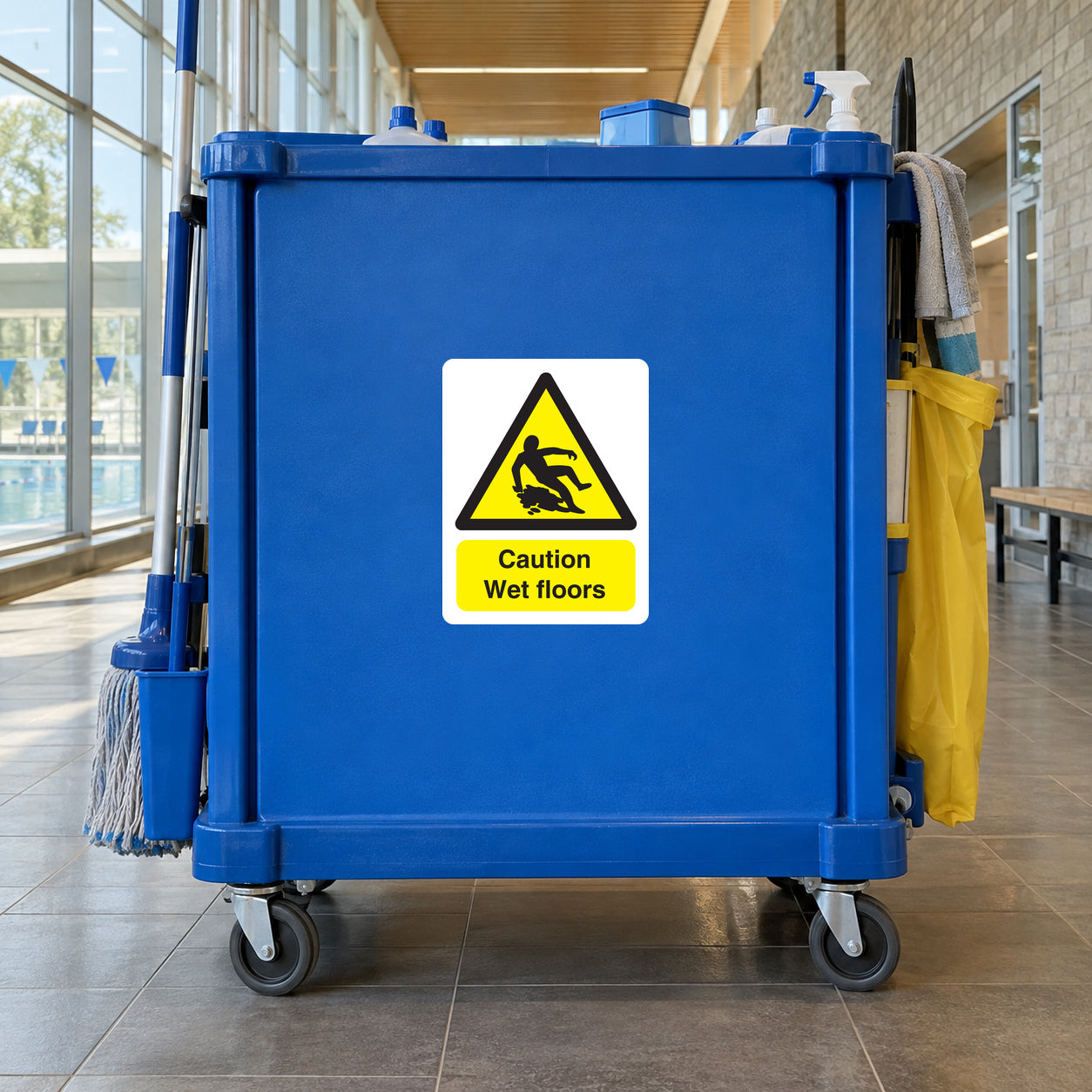 Blue cleaning cart with caution wet floors sign on front panel