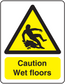 Caution wet floors wet floor sign sticker with yellow triangle and bold black text