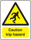 Caution trip hazard sticker with yellow triangle and running person icon, bold black text