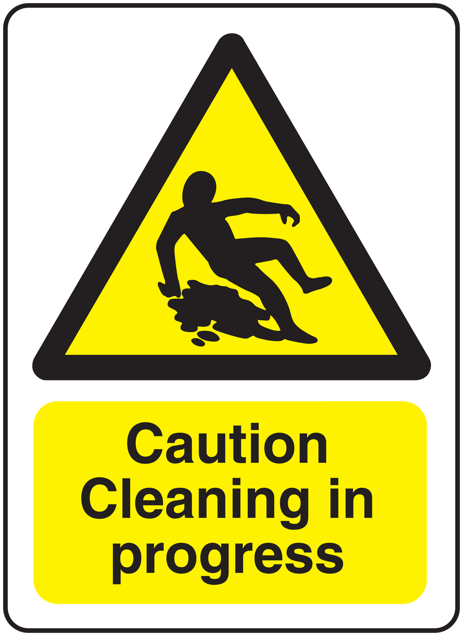 Rectangle caution cleaning in progress sticker with yellow warning sign and black text
