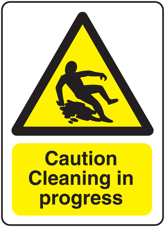 Rectangle caution cleaning in progress sticker with yellow warning sign and black text