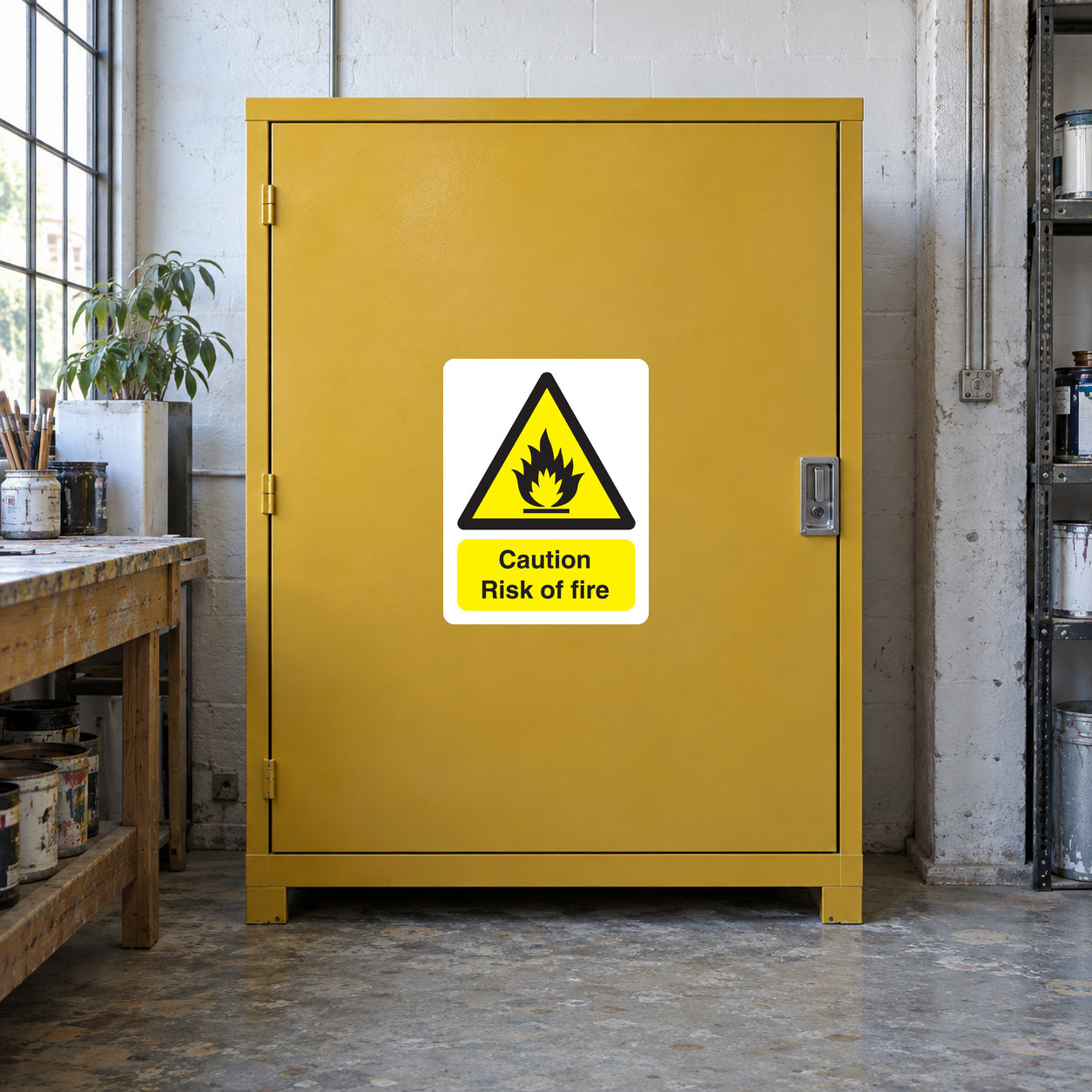 Caution Risk of Fire Sticker applied in Closed broad ochre flammable-storage cupboard in a scenic painting workshop, smooth single blank face central, latch far right, paint preparation table glimpsed far left.